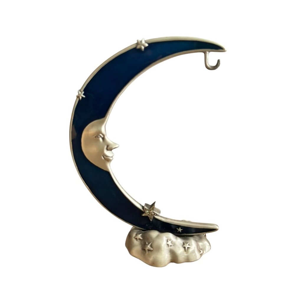 Spoontiques Pewter Glitter Blue Enameled Moon Face Star Ornament Holder Stand - Picture 6 of 8
